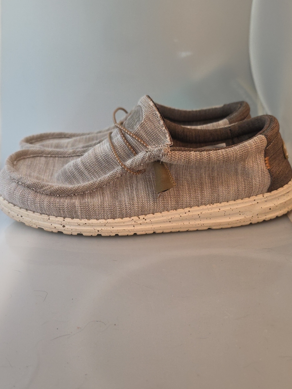 Hey Dude Men’s Slip-On Loafers in Light Brown and Cream